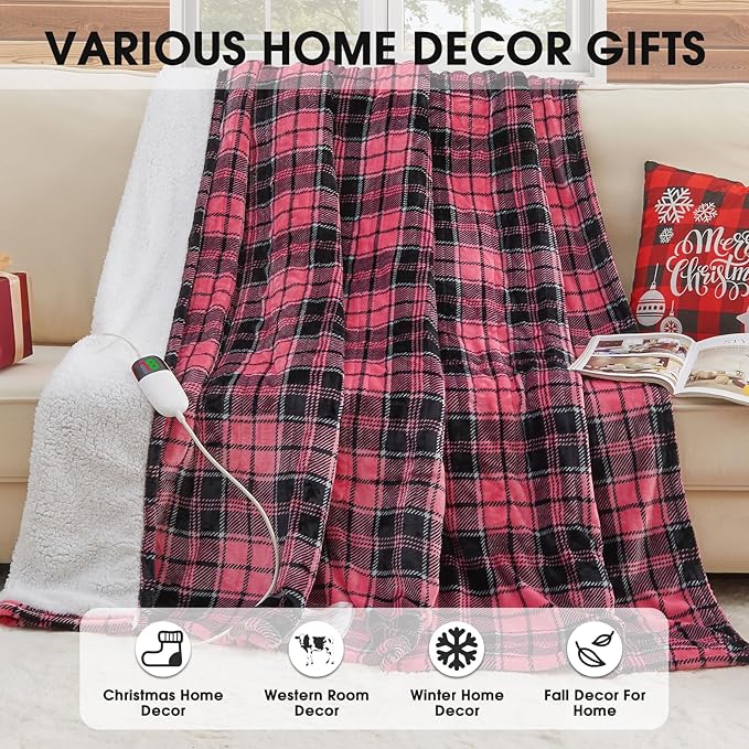 Pink Heated Blanket Electric Throw, 50X60, Heating Throw with 10 Levels & 8 Hours Auto Off, Plaid Checkered Sherpa Blanket Warmer Gifts for Women Mom Trendy Teen Girl, Home Decor for Living Room