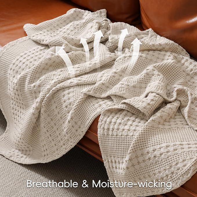 PHF 100% Cotton Waffle Weave Blanket Queen Size for Bed, Soft Lightweight & Breathable, All-Season Comfort, Luxury Aesthetic Woven Bedding for Home Decor, 90"x90", Oatmeal