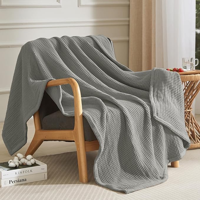 PHF 100% Cotton Waffle & Muslin Throw Blanket Large, Soft Breathable Luxury 400GSM Versatile Reversible Bedding for Couch, Great for Layering in Cold Weather, Home Decor Gift, 50" x 70", Frosted Grey