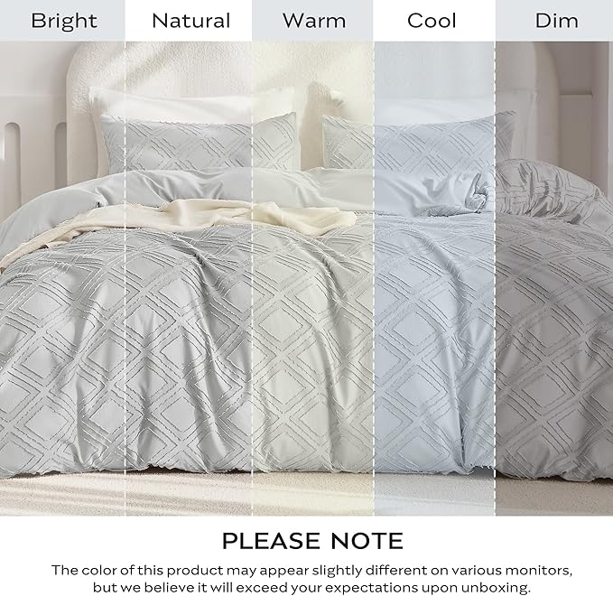 JELLYMONI Duvet Cover Twin Size Light Grey - 3PCS Boho Duvet Cover Set Plaid Polyester Tufted Bohemian Jacquard Knit Textured Comforter Cover 68×90in Rhombic Geometric Pattern Corner Ties & Zipper