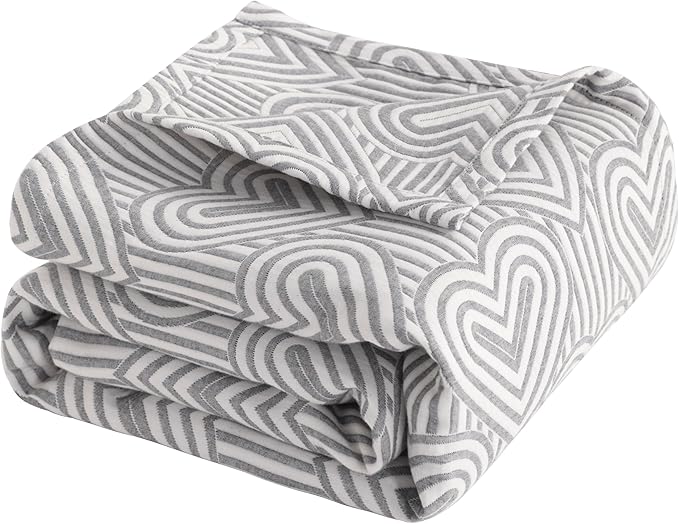 NTBAY 3 Layers Cotton Muslin 88x92 Queen Bed Blanket, Super Soft Breathable Thermal Yarn Dyed Quilt for Adults, Perfect Lightweight Blanket for Couch Sofa Bed All Seasons, Grey Heart