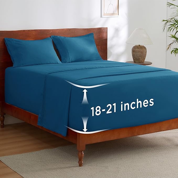 Bedsure Deep Pocket Full Size Bed Sheets Set - Fits Mattresses Up to 21 Inches Thick - 4 Piece GentleSoft Bed Sheets, Moisture Wicking, Cooling Bedsheet & Pillowcases, Easy & Secure Fit, Teal Blue