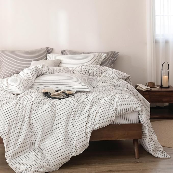 Stripe Duvet Cover King Size 104inch x 90inch, 100% Washed Cotton Linen Feel Duvet Cover, Pinstripe Duvet Cover with Zipper Closure and 2 Pillowcases, Color of White-Dark Grey Stripe