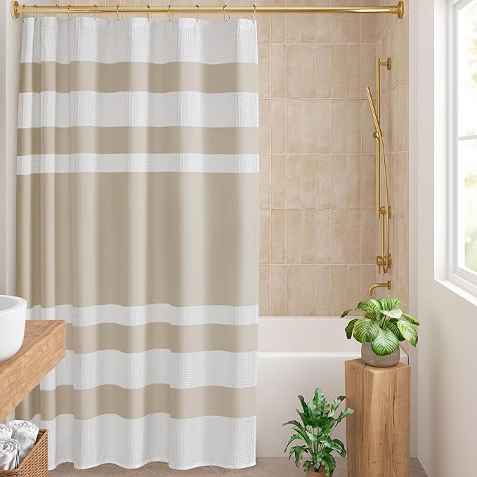 Madison Park Shower Curtain, Waffle Weave, Pieced Design Fabric Shower Curtain with 3M Scotchgard Moisture Management, Premium Spa Quality Modern Shower Curtains for Bathroom, Wide 108"x72" Taupe