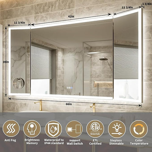 66x36 Trifold Bathroom Mirror with Lights with Removable Magnifier, 180° Foldable LED Mirror for Bathroom, Front&Backlit, Wall Mounted, Stepless Dimming, Color Temper Change, Anti Fog