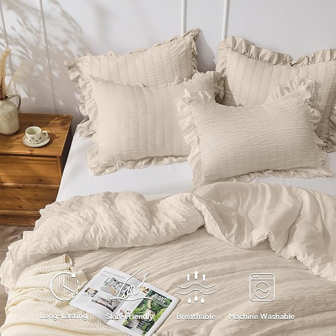 JOLLYVOGUE Beige Queen Comforter Set, 3 Pieces Seersucker Comforters Queen Size, Lightweight & Fluffy Bedding Sets Queen for All Season with 1 Ruffle Comforter and 2 Ruffle Pillowshams