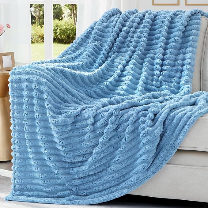 decorUhome Christmas Soft Fleece Blue Twin Blanket for Bed, Cozy Fluffy Plush Flannel Striped Throws for Couch Sofa, Lightweight Decorative Ribbed Fuzzy Blanket for Woman, 60x80 Inches