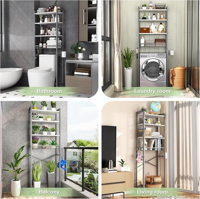 Over-The-Toilet Storage Rack, 4-Tier Bathroom Organizer Shelf Over Toilet with Adjustable Shelf and Basket, Freestanding Space Saver Bathroom Shelves Above Toilet for Room (Gray- White)