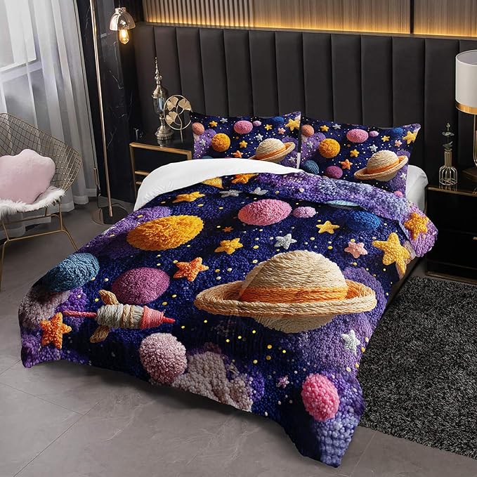 Puple Pink Galaxy Comforter Queen Size，Galaxy Theme Bedding Set Queen for Kids