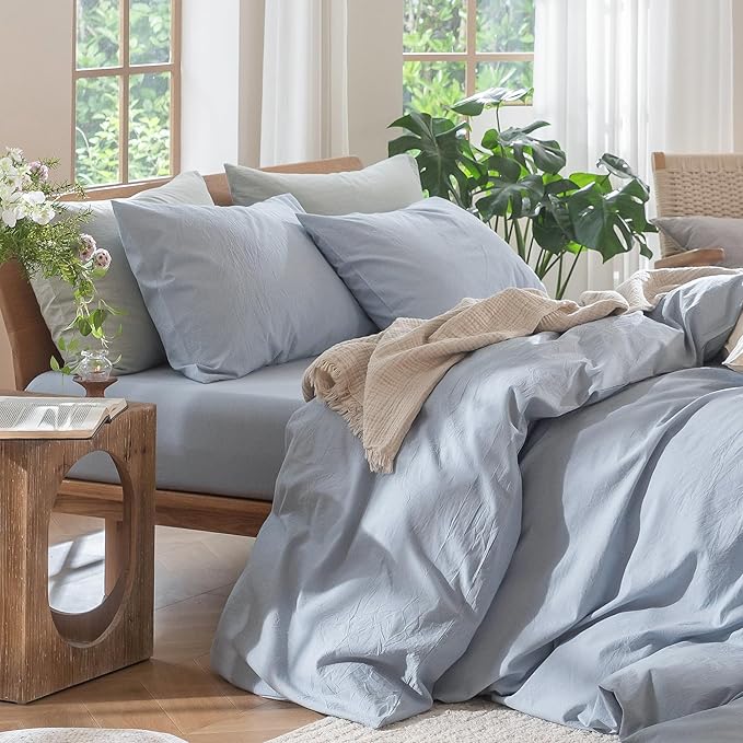 MooMee Bedding Duvet Cover Set 100% Washed Cotton Linen Like Textured Breathable Durable Soft Comfy (Heathered Cornflower Blue, Cal King 104"x98")