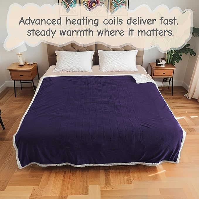 Electric Heated Blanket Throw Size 50"x60", Soft Flannel with Overheat Protection, 6 Adjustable Heat Settings & 3-Hour Auto-Off Timer, Fast Heating for Winter Comfort, Dark Purple