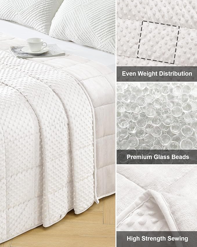 Minky Dot Weighted Blanket for Adults Queen Size 15 lbs, Soft Cooling Heavy Breathable Blanket for All-Season, Washable Weighted Throw with Glass Beads, 60 x 80 Inches, Cream