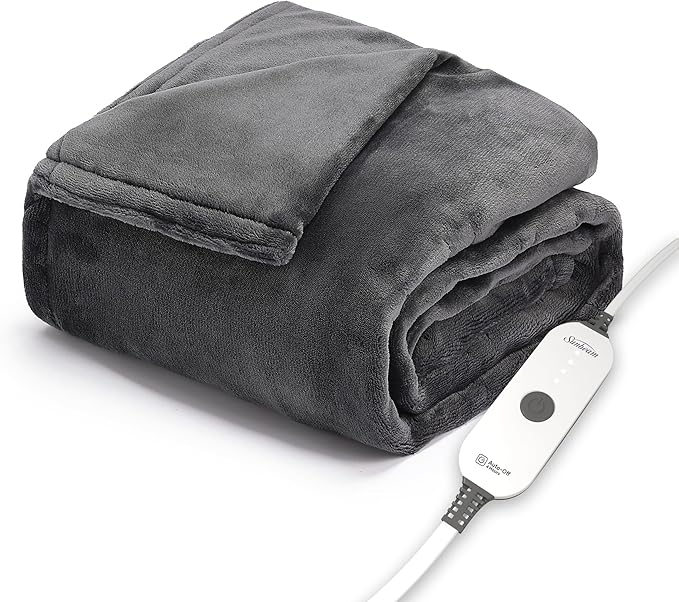 Sunbeam Ultimate Cozy Royal Posh Velvet Hand & Foot Pocket Heated Throw Electric Blanket, 50" x 72", 4 Heat Settings, 4-Hour Auto Shut-Off, Warming Throw for Couch or Bed, Machine Washable, Night Fog