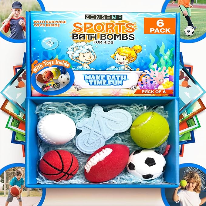 Bath Bombs for Boys W/Educational Flash Cards - Bathbombs with Toys Inside - 2.5 oz Gift Set of 6 Scented Organic Handmade with Natural Essential Oils - Sports Surprise Inside by Zenseme