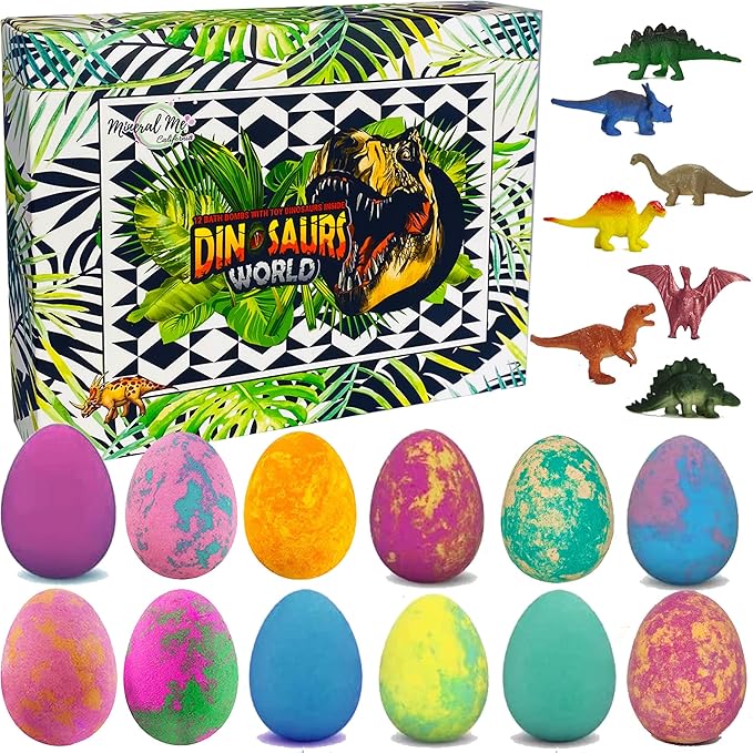 Bath Bombs for Kids with Surprise Inside - 12 Dinosaur Bath Bombs with Toys, Organic Colorful Bubble Bath Fizzies, Dino Egg Bath Bomb w/Rich Bubbles, Stocking Stuffers Christmas Gifts for Kids, Boys