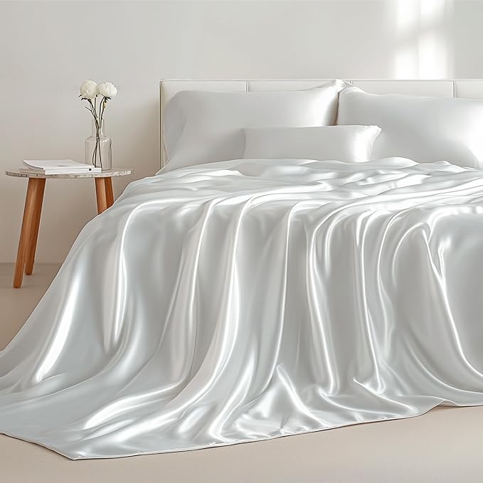 Bedsure White Satin Sheets Full Size - 4 Piece Silky Bedsheets with 15 Inches Deep Pocket Fitted Bedsheet,1 Flat Sheet, 2 Satin Pillowcases, Good for Hair & Skin (Full, White)