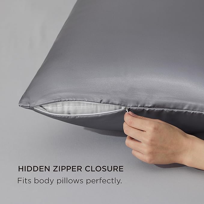 Bedsure Satin Body Pillow Pillowcase, Similar to Silk Body Pillow Cover with Zipper, Soft & Breathable Long Pillow Case, Cooling & Silky Long Pillowcase for Hair and Skin, Dark Grey, 20x54 Inches
