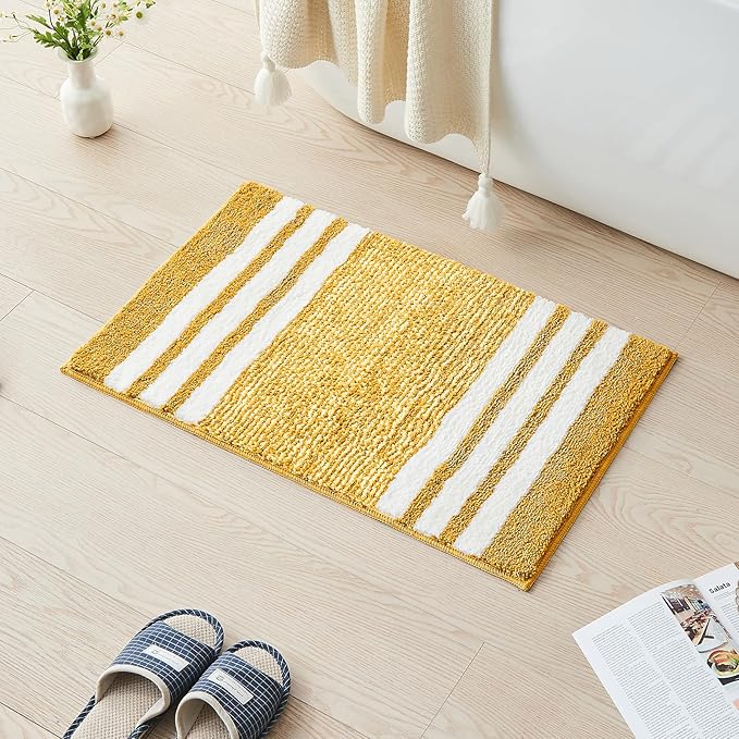 CozeCube Bath mats for Bathroom Non Slip, Fluffy Absorbent Microfiber Bath mat Washable, Aesthetic Bathroom Rugs, Small Harvest Gold Striped Bath mat, Harvest Gold, 24" x 16"