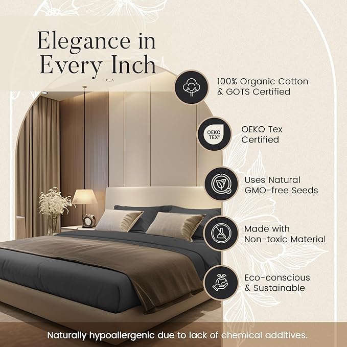 100% Cotton Sheets King Size Sheets Set with Fitted Sheet & Pillowcase Sets, Sateen Weave 4 piece Deep Pocket King Sheet Set, Soft & Comfy Naturally Cool Luxury Bedding- Charcoal