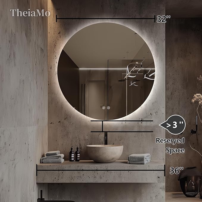 Round LED Mirror for Bathroom, 32" Circle Frameless Backlit Mirror with Lights, Wall Mounted Vanity Mirror, 3 Colors, Dimmable, Anti-Fog, IP65 Waterproof, Memory Function, UL Listed