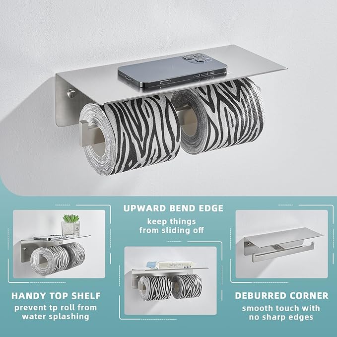 Angle Simple Double Toilet Paper Holder with Shelf, SUS 304 Stainless Steel Bathroom Lavatory Toilet Tissue Roll Holder Wall Mount, Brushed Nickel