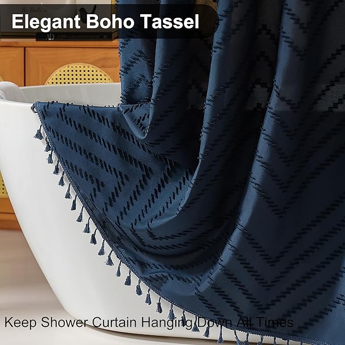 Extra Long Boho Navy Blue Shower Curtain, Woven Fabric Shower Curtain, Tufted Chevron Striped, 72 x 78, Modern Chic Textured Minimalist Bathroom Cloth Shower Curtains