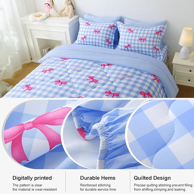 Wajade Bow Comforter Set 7 Piece Blue White Plaid Comforter Sets for Girls Kids Twin Size Checkered Bedding Set with Sheet and 2 Pillowcases 2 Pillow Shams Cute Girls Bed in a Bag as Birthday Choice