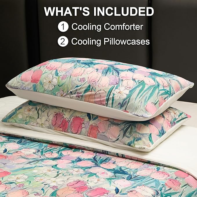 Cyusri Floral Print Cooling Comforter Set 3Pcs Breathable Cool King Size Bedding Set with 2 Pillowcases Pink Tulip Pattern Silky Cold Quilt, 108"x90"
