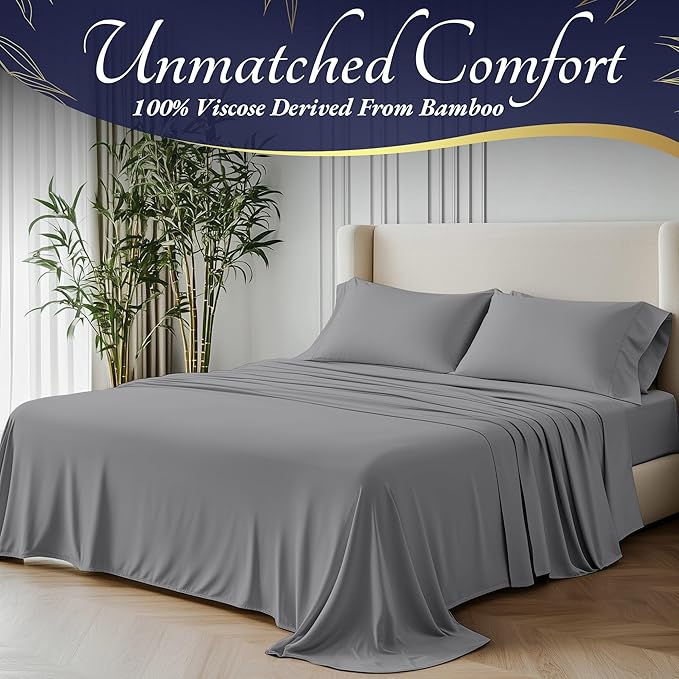 DECOLURE 100% Viscose Derived from Bamboo Sheets Queen Size 4pcs - Ultra Soft & Luxuriously Cooling, 17" Deep Pocket, Double Stitching, Perfect for Hot Sleepers - Queen Bed Sheets (Midgrey)
