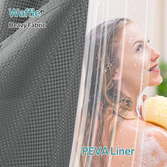 3 in 1 Shower Curtain Set, Waffle Shower Curtain and Liner Set with 6 Double Sided Shower Curtain Hooks, 258GSM Luxury Weighted Cloth Shower Curtains for Bathroom, 36 W x 72 H, Grey