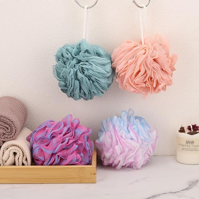 BTYMS Large Loofah Sponge 75g/Pc, Exfoliating Shower Pouf Bath Scrunchies Bath Scrubber Body Loofahs for Shower - Set of 4