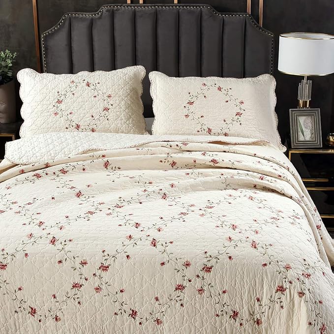 vctops 3-Piece Floral Embroidered Bedspread Coverlet Set 100% Cotton Reversible Patchwork 1 Quilt and 2 Pillow Shams Full/Queen, Flower