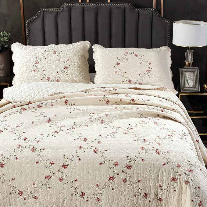 vctops 3-Piece Floral Embroidered Bedspread Coverlet Set Oversize Queen 100% Cotton Reversible Patchwork 1 Quilt and 2 Pillow Shams (Flower,Oversize Queen)