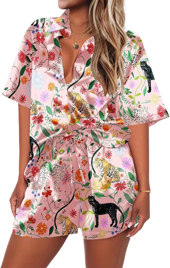 Ekouaer Pajamas for Women Set Silk Satin Pjs Shorts Sleepwear 2 Piece Loungewear S-XXL