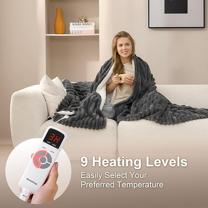 Hansleep Heated Blanket Electric Throw Full Size, Heating Blanket with 9 Heating Levels and 10-Hour Timer Auto Shut Off, Washable Soft Warm Winter Blanket, 72 x 84 Inches, Dark Grey
