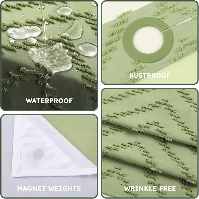 No Hook Shower Curtain and Snap in Liner Set Sage Green Tufted Chevron Striped Cloth Waterproof Washable Fabric Boho Bath Curtain with See Through Mesh Top Window for Bathroom Hotel 71" x 74"