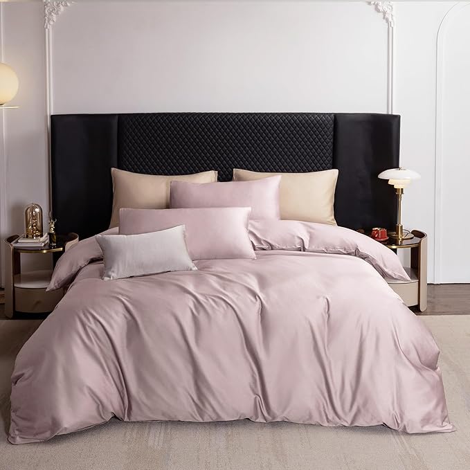 MooMee Duvet Cover Set 100% Extra Long Staple Cotton 600 Thread Count Silky Sateen Smooth Luxury Soft Breathable Durable Hotel Quality Bedding, 3 Pieces (Pale Mauve, Queen 90"x90")