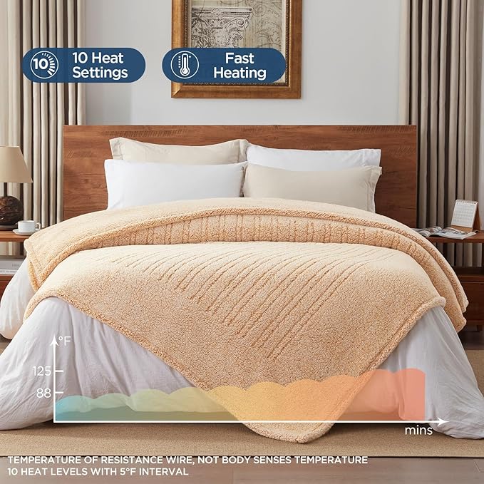Westinghouse Electric Blanket Queen Size, Soft Plush Sherpa Heated Blanket with 10 Heating Levels & 1-12 Hours Auto-Off, Machine Washable, 84x90 inches, Yellow