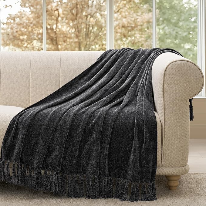 EVERGRACE Soft Chenille Throw Blanket for Couch, Cozy Plush Fuzzy Decorative Chenille Knit Throw Blanket with Tassels, Lightweight Blanket and Throws for Bed Sofa Gift Home Decor, Iron Black 50"x60"