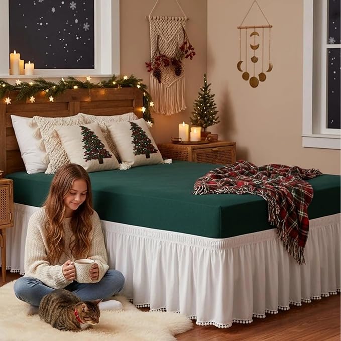Biscaynebay Queen Bed Skirt 15 inch Drop-White Dust Ruffle Bedskirt with Pompoms-Wrap Around Bed Skirting Easy Fit Elastic Strap-Silky Luxurious Fabric Wrinkle Free-for Women Men Kids