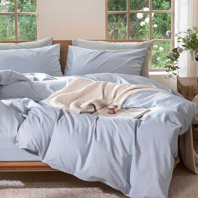 MooMee Bedding Duvet Cover Set 100% Washed Cotton Linen Like Textured Breathable Durable Soft Comfy (Heathered Cornflower Blue, Oversized King Plus 128"x120")