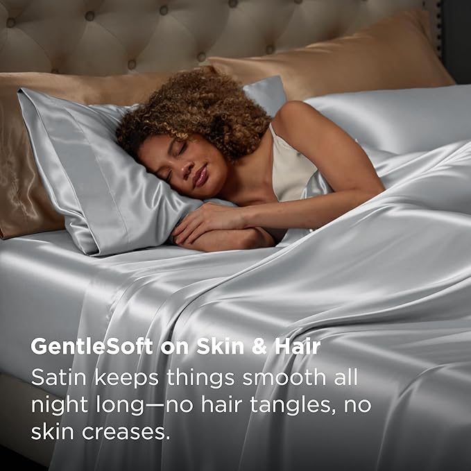 Bedsure Satin Sheets Queen Size - 4 Piece Silky Bedsheets with 15 Inches Deep Pocket Fitted Bedsheet,1 Flat Sheet, 2 Satin Pillowcases, Good for Hair & Skin (Queen, Silver Grey)