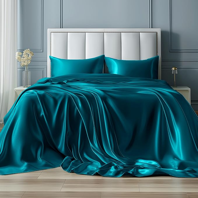 Bedsure Satin Sheets Full Size - 4 Piece Silky Bedsheets with 15 Inches Deep Pocket Fitted Bedsheet,1 Flat Sheet, 2 Satin Pillowcases, Good for Hair & Skin (Full, Teal)