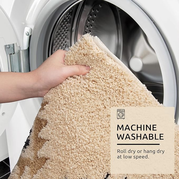 DEXDE Bathroom Rugs Boho Moroccan Bath Rug 20x32 Inches - Geometric Non-Slip Bath Mat, Cream Beige Machine Washable Quick Dry Absorbent Soft for Bathroom, Neutral Decor