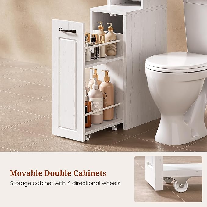 Farmhouse Over The Toilet Storage Cabinet with Pulley Small Bathroom Storage Cabinet, Space Saver W/Adjustable Shelf & Open Shelf for Bathroom, Restroom, Laundry (White Brown-Type B)