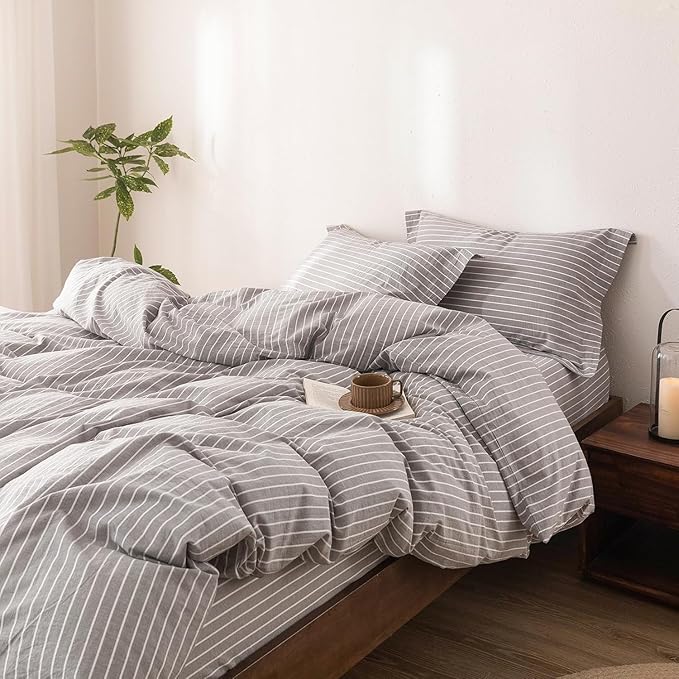 Stripe Duvet Cover Twin Size 90inch x 68inch, 100% Washed Cotton Linen Feel Duvet Cover with Zipper Closure and 1 Pillowcases, Color of Grey-White Stripe