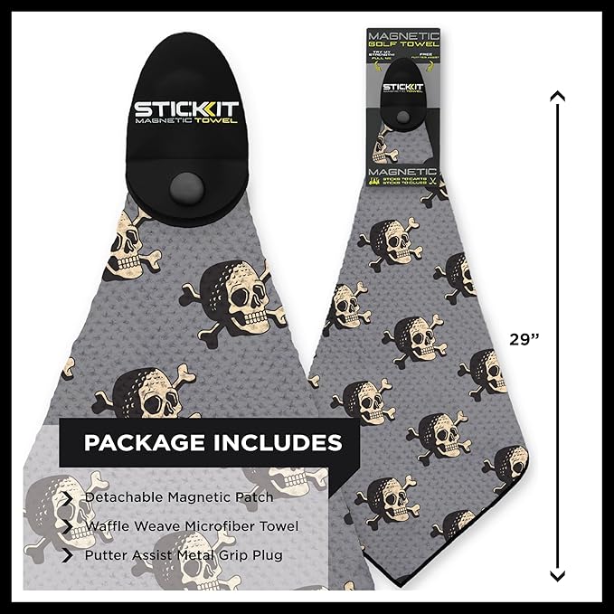 STICKIT The Original Magnetic Golf Towel with Gray Skulls | Top-Tier Microfiber Golf Towel with Deep Waffle Pockets | Industrial Strength Magnet for Strong Hold to Golf Carts or Clubs