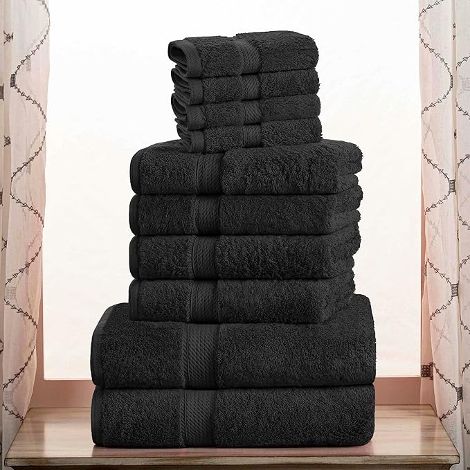 Superior Egyptian Cotton Pile 10 Piece Towel Set, Includes 2 Bath, 4 Hand, 4 Face Towels/Washcloths, Ultra Soft Luxury Towels, Thick Plush Essentials, Guest Bath, Spa, Hotel Bathroom, Black