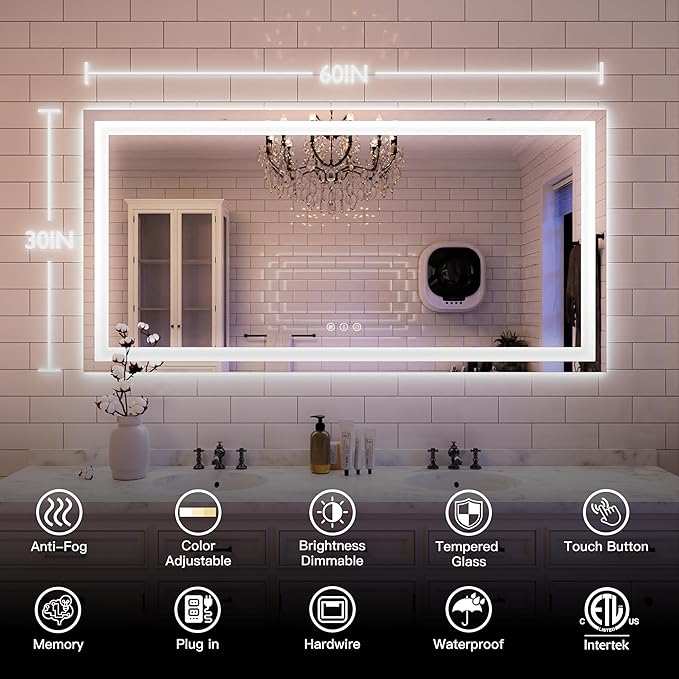 ISKM 60'' x 30'' LED Mirror for Bathroom Lighted Vanity Mirror for Wall Front Lights + Backlit LED Bathroom Mirror Anti-Fog Tempered Glass ETL Listed