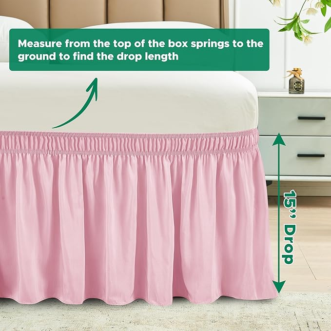 Biscaynebay Wrap Around Bed Skirts for Queen Beds 15" Drop, Pink Adjustable Elastic Dust Ruffles Easy Fit Wrinkle & Fade Resistant Silky Luxurious Fabric Machine Washable